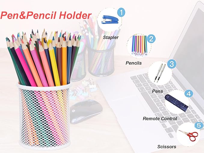 Pen Holder Mesh Pencil Holder Metal Pen Holder Cup Pencil Cup Holder for Desk Office Pen Organizer White, 4 Pack