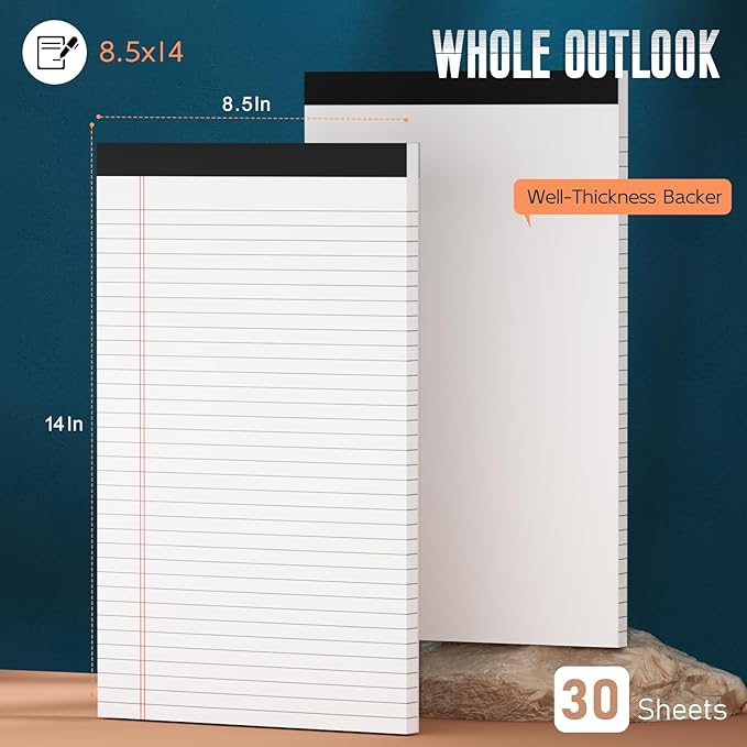 Legal Pads 8.5 x 14 Note Pads, 6 Pack Writing Pads Wide Ruled Notepads, Micro Perforated Notepad, Double-Side Printed Lined Paper Pads 30 Sheets per Notepad, White Legal Pads for Home, Office, School