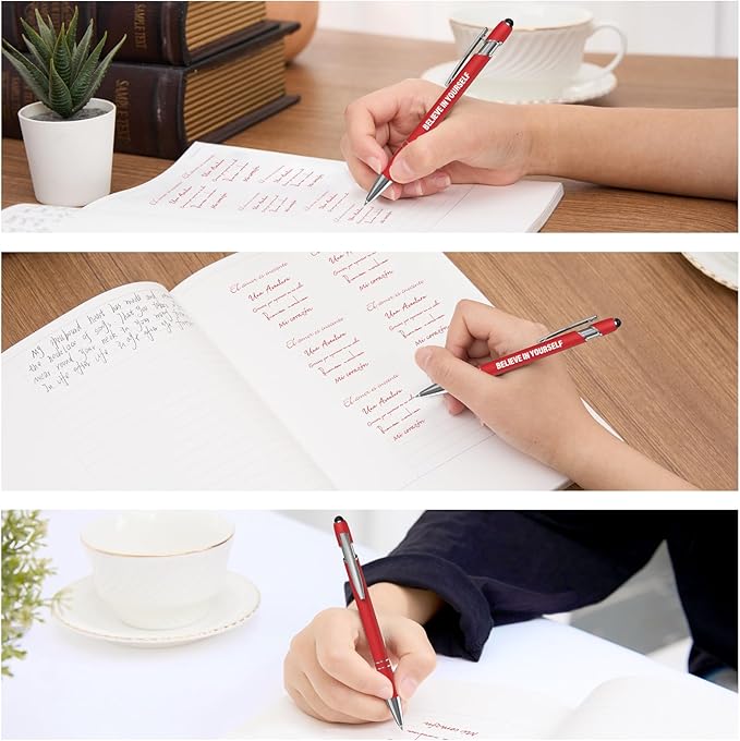 12 Pcs Red Fine Point Ballpoint Pens with Motivational Quotes and Stylus Tips