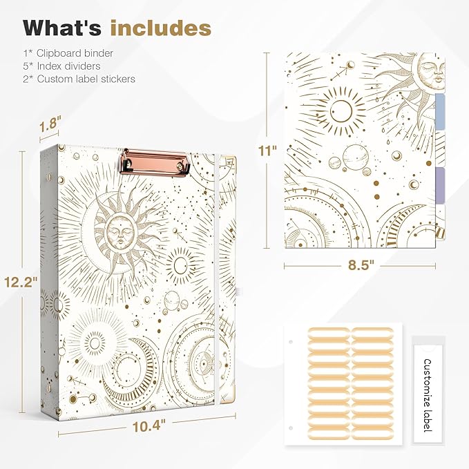 Ospelelf 3 Ring Binder, 1 Inch, Cute Letter Size (11" x 8.5") with 5 Tab Dividers, File Folder Labels and Low Profile Clipboards, Tarot Cards Binder for School and Office Supplies