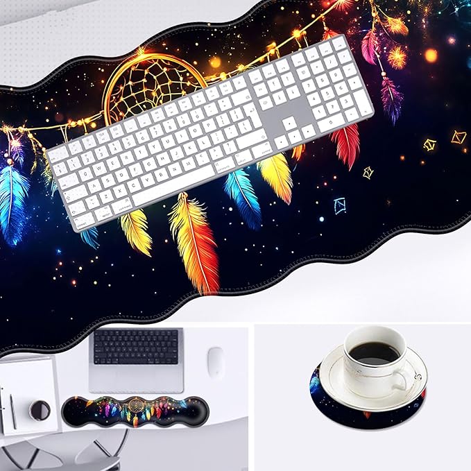 Large Mouse Pad and Keyboard Wrist Rest, Desk Pad for Keyboard and Mouse, 4-in-1 Large Gaming Mouse Pad with Wrist Support, Desk Mat for Home Office Study Game-Colorful Dreamcatcher