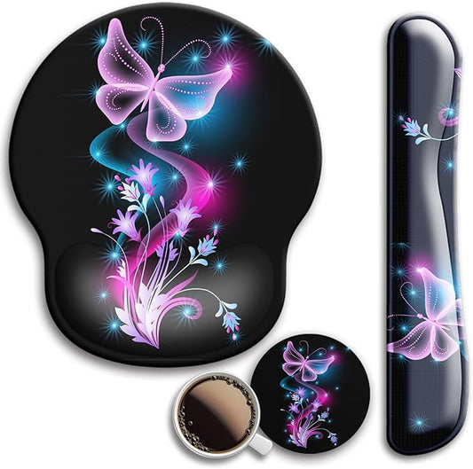 Mouse Pad and Keyboard Wrist Rest Support, with Non-Slip PU Base,Gel Mouse Pad with Coaster,Pain Relief for Gaming, Computer,Office -Vector Butterflies