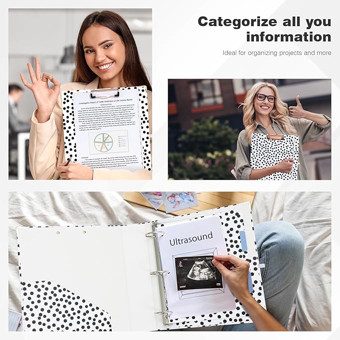 Ospelelf 3 Ring Binder, 2 Inch Letter Size (11" x 8.5") with 5 Tab Dividers, File Folder Labels and Low Profile Clipboards, Polka Dots Binder for School and Office Supplies