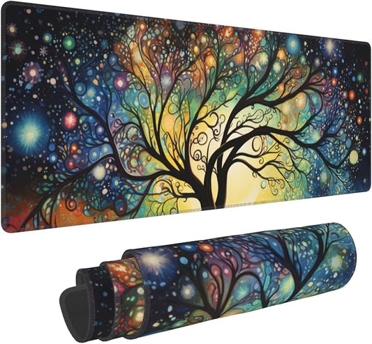 Large Gaming Cosmic Tree Design Mouse Pad 31.5 x 12 Inch, Non-Slip Base, Water Resistant, Ideal for Gamers, Office & Home