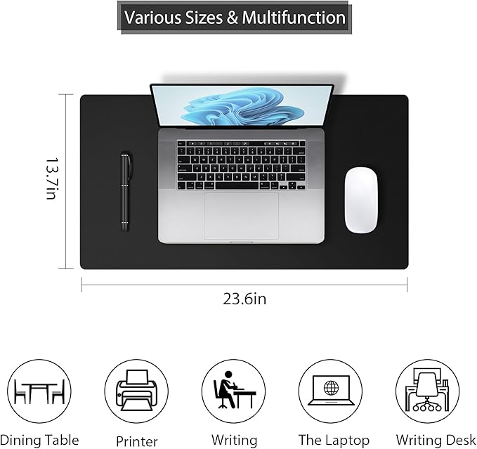 Leather Desk Pad Protector, Mouse Pad, Non-Slip Computer Mat for Desk, PU Leather Office Desk Mat for Home Office, Waterproof Laptop Desk Blotter Pad for Keyboard and Mouse, Black (13.7''X23.6'')