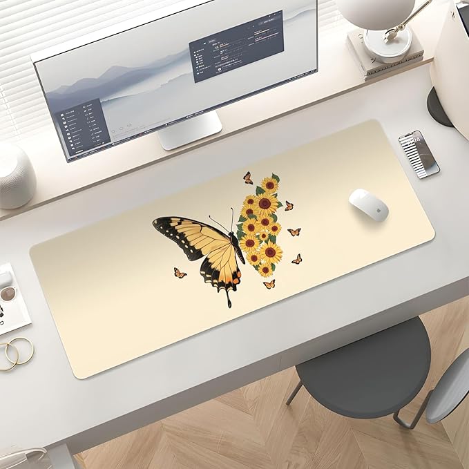 Mousepad Desk Mat Gaming Large Keyboard Cute Office Desktop Computer Laptop XXL Long Big Kawaii Aesthetic Girly Pretty Design Women Girl Gamer Oversized Wide 30x12'', Sunflower Butterfly