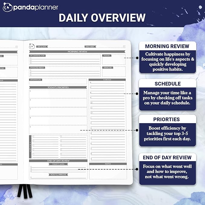 Panda Planner Pro A4 Daily Planner 2026 – 6 Month Undated Planner with Hourly Schedule, Large 8.5x11 Layout, To Do List, Daily Journal, Goal Planner, Habit Tracker & Gratitude Organizer for Home/Office – Purple