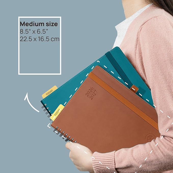 POPRUN Monthly Planner 2026-2027 (Medium 6.5" x 8.5") 18 Months Calendar (Jan 2026 - Jun 2027) - 4 Pages per Month with Expense & Notes, Stair-like tabs, Leather Cover, Sunday Starts - Brown