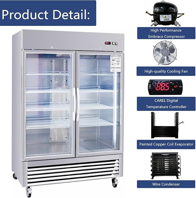 Merax Merex Commercial Refrigerator 54" W 2 Glass Door Stainless Steel Interior and Exterior Construction Upright Fan Cooling Reach-in Merchandising 42.2 Cu.ft, Silver