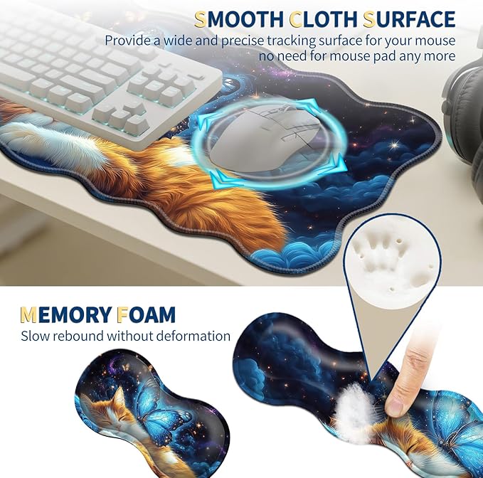 4-Piece XXL Gaming Mouse Pad Set (31.5"x11.8") with Keyboard Wrist Rest,Mouse Wrist Support & Coaster,Ergonomic Non-Slip Desk Mat for Office & Home,Cat Bule Butterfly