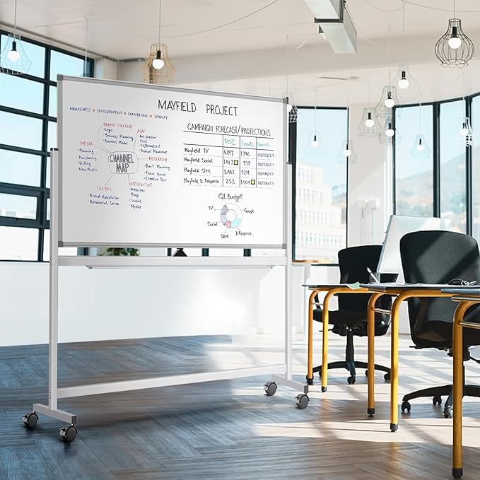 Large Rolling White Board, 48x36 in Double-Sided Mobile Whiteboard, maxtek Reversible Magnetic Dry Erase Board Easel Standing Whiteboard on Wheels Portable Board for Office Classroom and Home, Silver