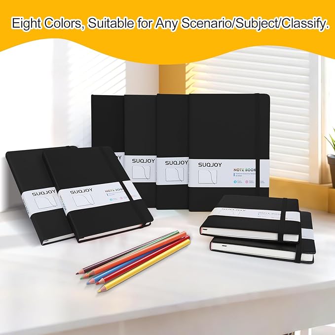 Lined Journal Notebooks for Writing, 100 GSM Thick Paper, 8 Pack Hardcover Notebooks, A5 College Ruled Notebook, Journaling Notebook for School/Travel/Office (Black- 8 Pack)