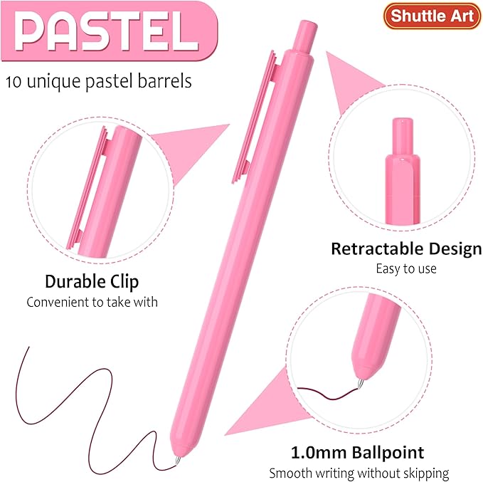 Shuttle Art Ballpoint Pens, 10 Pack Pastel Retractable Colored Ink Ball Point Pens, Cute Pens 1.0mm Medium Point Quick Drying for Writing Journaling Taking Notes School Office Home