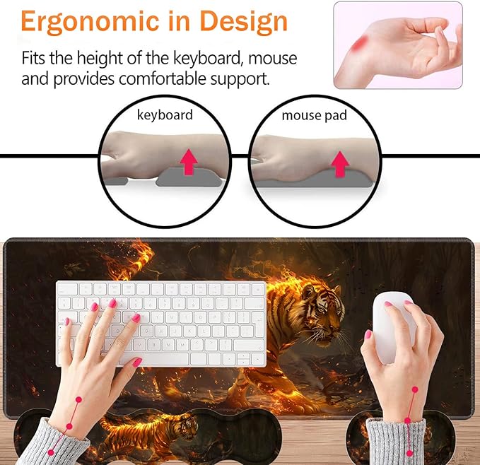 Large XXL Gaming Desk Mat 31.5"x 11.8", Ergonomic Keyboard Wrist Rest & Mouse Pad Wrist Rest + Coaster Set, Non-Slip Base, Memory Foam, Office and Home, Fire Tiger