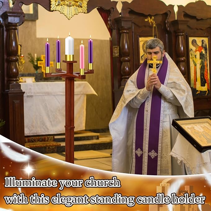 Mumufy 48 Inch Tall Advent Church Stand Candleholder Set of 5 Purple Pink White Candles Wood Nativity Candle Stand with Metal Arch Christmas Candlestick Holder for Christmas Church Holy (Deep Wood)