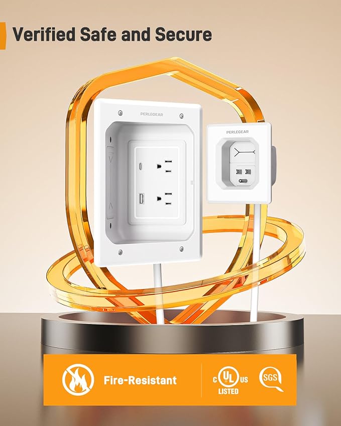 Perlegear Cord Hider for Wall Mount TV with AC Outlets, USB-A and USB-C Ports, in-Wall Cable Management Kit, Includes Drill Templates, Dust Bags, Drywall Saw, Extension Cord