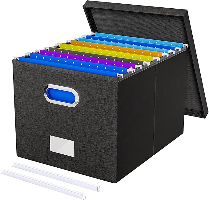 Oterri File Organizer Box with Lid - Portable Hanging File Box for Letter/Legal Files, Office/Decor/Home, 1 Pack, Black Leather