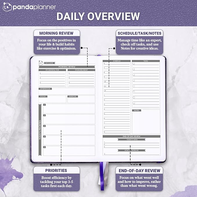 Panda Planner Classic A5 Daily Planner 2026 – Undated Quarterly Planner & Daily Task Planner with Hourly Schedule, To Do List, Goal Planner, Habit Tracker & Gratitude Journal for Focus & Organization – Purple