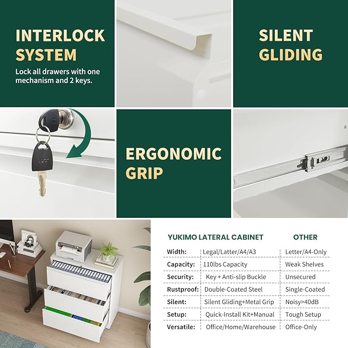 Lateral File Cabinet with Lock, 3 Drawer Metal File Cabinets for Home Office, Large Filing Storage Cabinet Printer Stand, Steel Wide File Cabinet for Legal/A4/F4/Letter Size Files, White