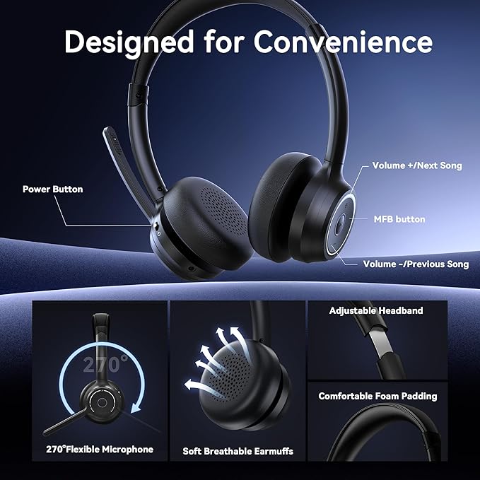 (2025 Upgraded) Wireless Headset with Mic for Work, Bluetooth Headset with Noise Canceling Microphone, Wireless Headphones with Mic and USB Dongle and Mute, Fit for Computer/PC/Teams