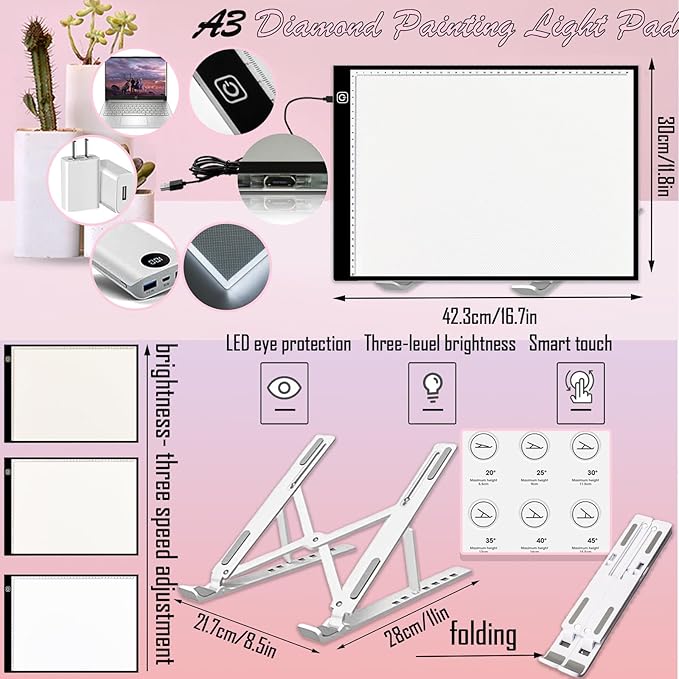 NLXCXUCY 244Pcs Diamond Art Accessories Kit All-Inclusive Diamond Painting Tool Set with A3 Diamond Painting Light Pad,Diamond Art Sealer Glue, Diamond Correction Pens, Storage Box for DIY Craft