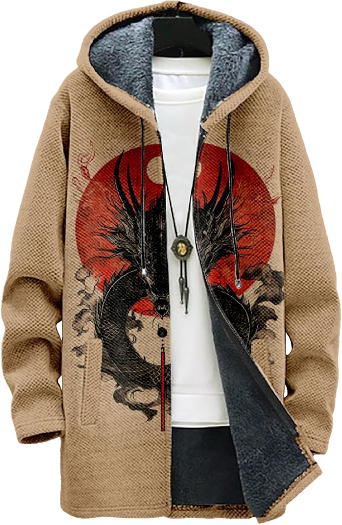 MARSVOVO Mens Cardigan Sweater Cool Graphic Lined Fleece Long Coat Zip With Pockets Fashion Coat Warm Fitted Jacket