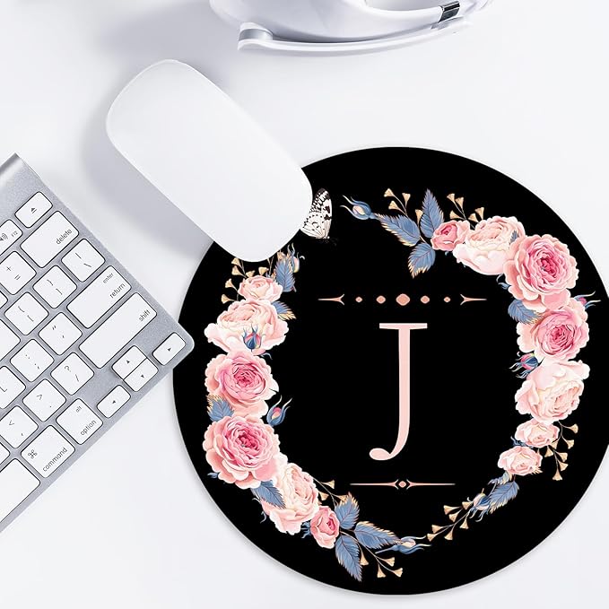 Letter J Black and Pink Flowers Round Mouse Pad, Funny Small Mouse Mat with Non-Slip Rubber Base, Home Office Decor Desk Accessory, 8.7 inch Round