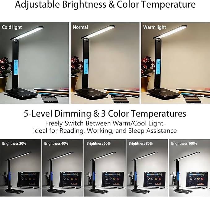 LED Desk Lamp with 10W Wireless Charger & USB Port, Eye-Caring Dimmable Touch Control Lamp with Clock Display, Adjustable Foldable Arm, 5 Brightness & 3 Color Modes for Home Office Study