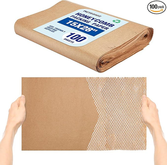 METRONIC 15" x 28" Honeycomb Packing Paper Sheets for moving 100 Pcs, Wrapping Paper for Bubble Cushioning Wrap and Shipping Packaging, Biodegradable & Fully Recylable, Brown
