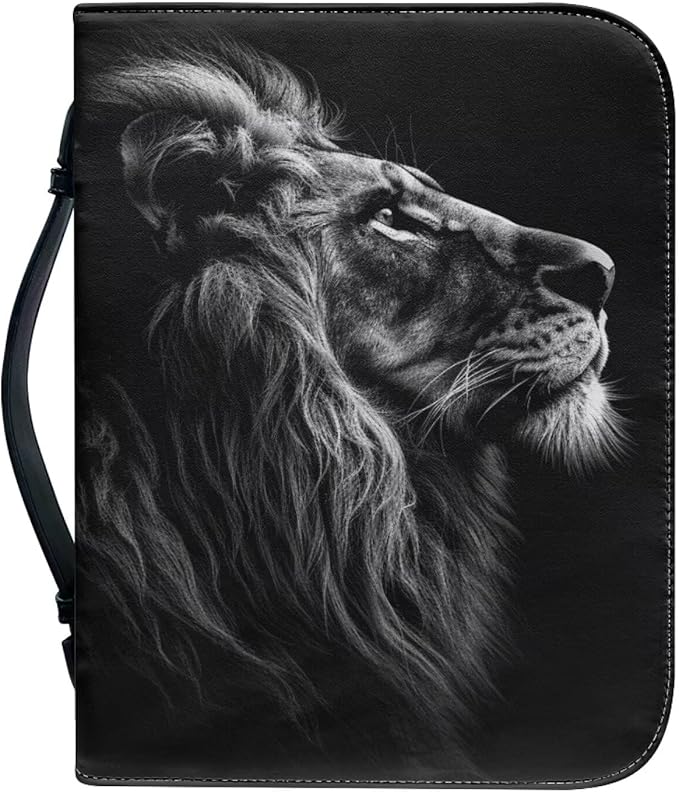 Lotusorchid Lion Print Faux Leather Bible Covers for Men, Portable Zippered Bible Carrying Case Bible Tote Bag for Women Girls, Christian Bible Study Accessories, Black, M