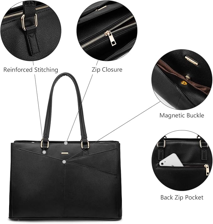 LOVEVOOK Laptop Tote Bag for Women 15.6 Inch Waterproof Leather Computer Bags Business Office Work Briefcase Black