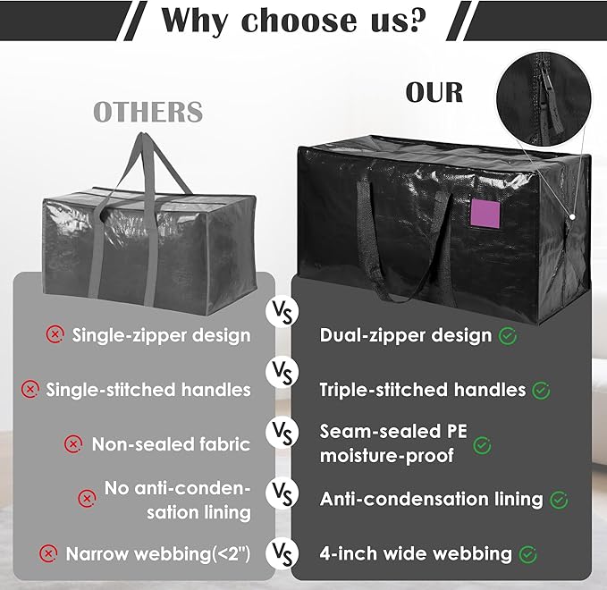 12 Pack Extra Large Heavy Duty Moving Bags with Reinforced Zipper & Wide Handles, Moisture-Resistant Storage Bins Packing Cubes for Clothes, College Dorm, Travel, and Home Organization, Black