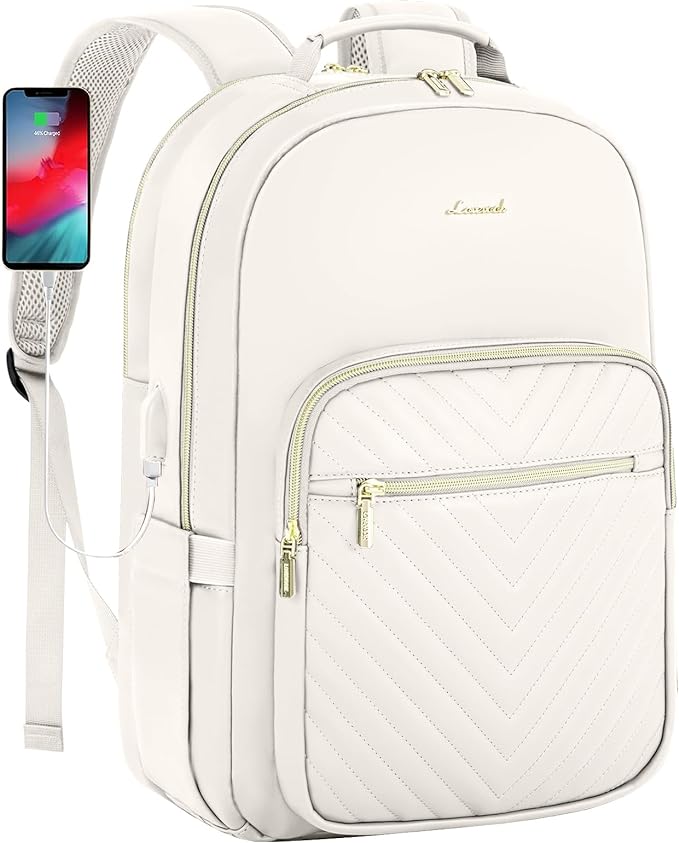 LOVEVOOK Leather Backpack for Women,15.6 inch Leather Laptop Backpack Women Computer Backpack Laptop Bag,Stylish Quilted Travel Backpack Purse Work Bag College Teacher Backpack with USB Port,Off-white
