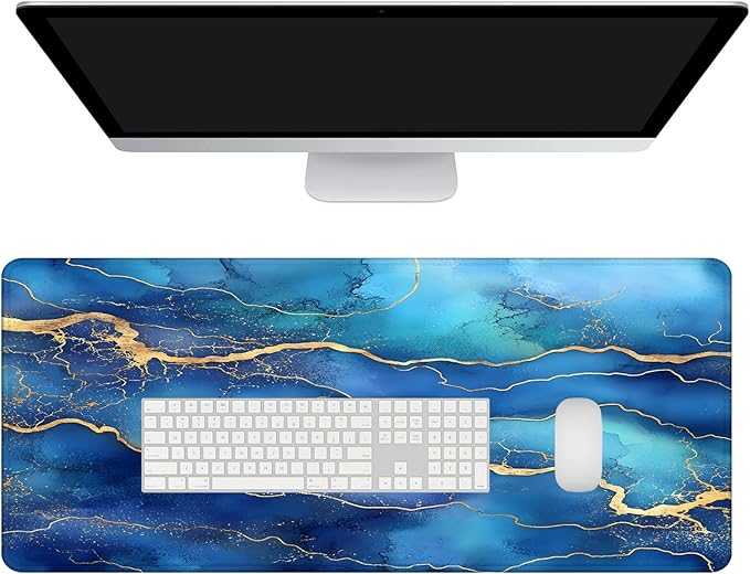 Mrcrypos Large Mouse Pad Blue Gold Marble Desk Mat for Desktop,Waterproof Desk Pad with Stitched Edges,Computer Keyboard Gaming Mouse Pads for Women Office Home 31.5" x 11.8"
