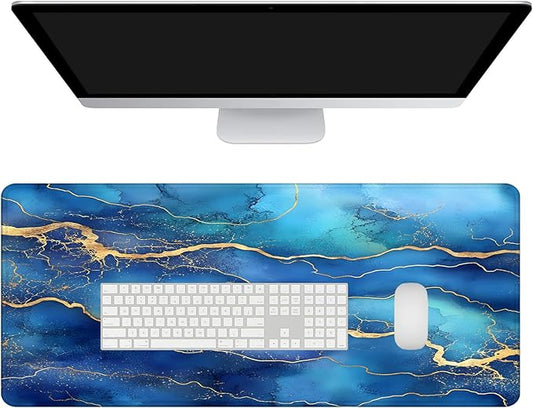Mrcrypos Large Mouse Pad Blue Gold Marble Desk Mat for Desktop,Waterproof Desk Pad with Stitched Edges,Computer Keyboard Gaming Mouse Pads for Women Office Home 31.5" x 11.8"