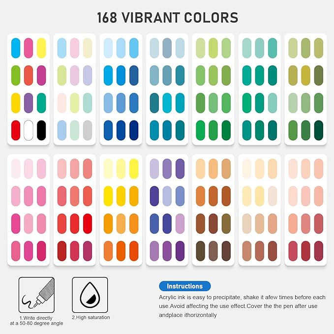 168 Colors Acrylic Paint Markers, Acrylic Ballpoint Pens Bullet Tip 1.0 mm, High Gloss Gel Pens, Non-Bleed Ink, Odorless, Quick-Drying, Smoothly for Detail Work, Writing, Doodling, Note taking