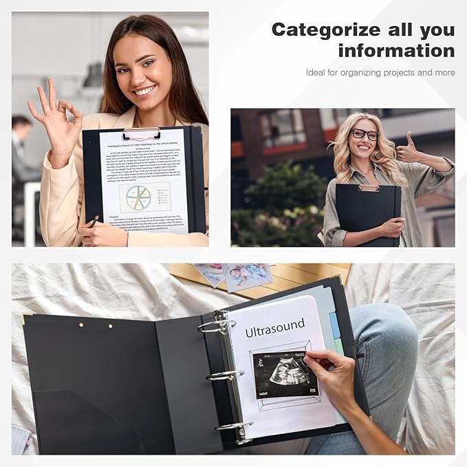 Ospelelf 3 Ring Binder, 3 Inch, Cute Letter Size (11" x 8.5") with 5 Tab Dividers, File Folder Labels and Low Profile Clipboards, Black Binder for School and Office Supplies