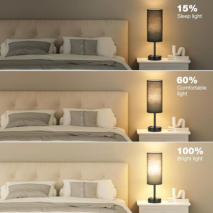 Fenmzee Black Bedroom Lamp for Nightstand - 3 Way Dimmable Bedside Lamp USB C A Charging Ports and AC Outlet, Small Table Lamp Black Base for Living Room, Office Desk, LED Bulb Included