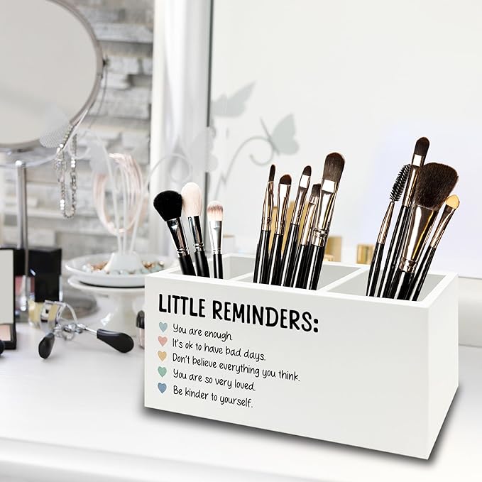 Little Reminders Inspirational Pen Pencil Holder Organizer for Desk, Positive Gifts, Mental Health Motivational Wooden Box Sign for Therapy Counselor Office Classroom Desk Tabletop Decorations