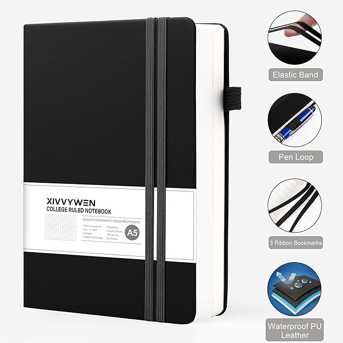 Lined Journal Notebook for Women Men, 352 Pages A5(5.7" x 8.3")College Ruled Hardcover Leather Journals for Writing, Daily Journal Notebooks for Work, Note Taking, Travel, School, Business (Black)