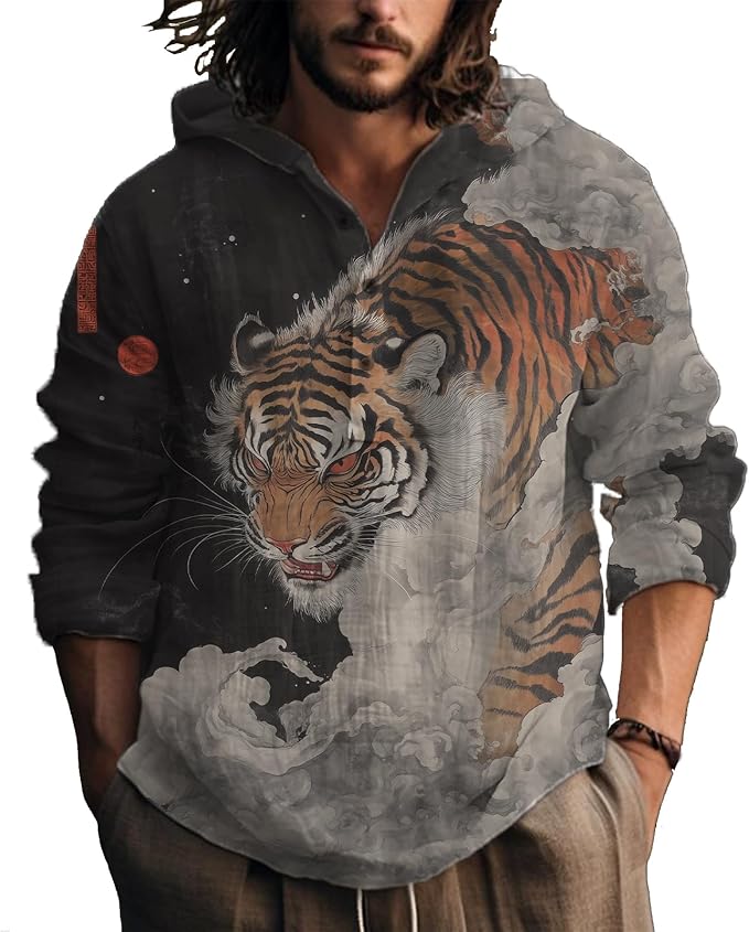 MARSVOVO Hooded Long Sleeve Shirt Men Fashion Graphic Button Up Lightweight Big and Tall Casual Vacation Shirts for Men