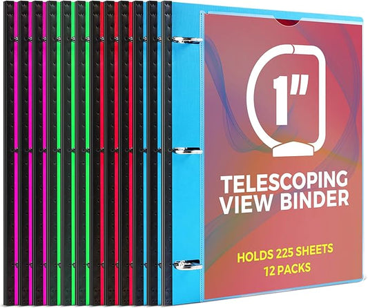 1 Inch Telescoping 3 Ring Binder-12PCS, Flexible Binder with Customized Front Cover, Holds 225 Sheets, School Office Supplies, 4 Colors