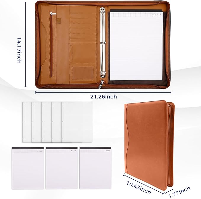 Padfolio Portfolio Folder Binder-Organizer Planner Notebook Zippered Portfolio Padfolio for Women & Men with Document Sleeve,Letter/A4 Size Clipboard,Business Card Holders (Brown-3)