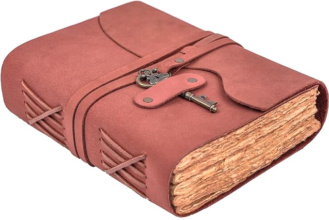 LEATHER VILLAGE Vintage Leather Journal – 200 Handmade Vintage Deckle Edge Paper – Leather bound Journal For Women Men – Vintage Key Closure - Book of Shadows - 10X7 inches - Fuchsia