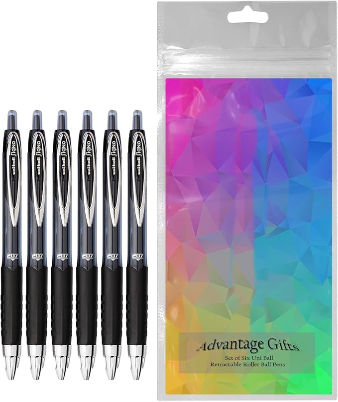 Signo 207 Roller Ball Retractable Gel Pens, Medium Point (0.7mm), Black Ink, 6 Count, Bundle with Plastic Reusable Pouch