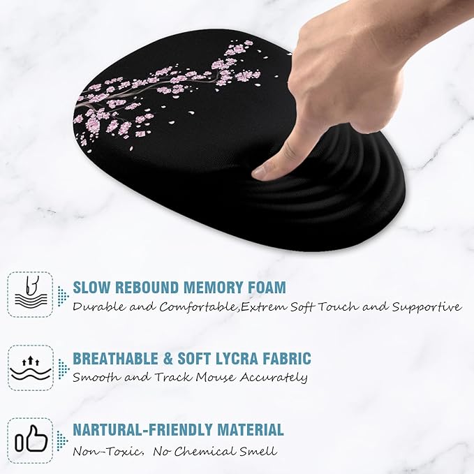 Mouse Pad, Ergonomic Mouse Pad with Wrist Rest Support and Non-Slip PU Base, Cute Mousepad for Pain Relief, Office & Home, Computer, Japanese Plum Blossoms