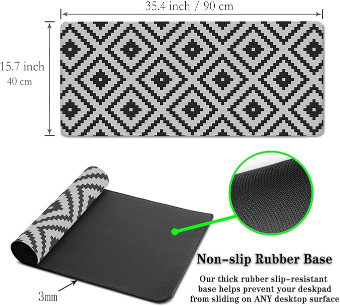 Large Mouse Pad Black and White XXL Mousepad Gaming Mouse Pads Computer Desk Mats Extra Large Desk Pad Non-Slip Rubber Base 35.4" X 15.7" for Game Office, Classic Rhombus Pattern