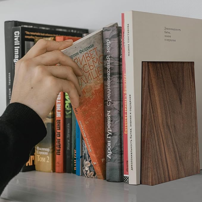 Luxdecor Walnut Book Ends Hold Heavy Books-6x5x4in Wood Bookends for Office Desk Non Skid, Decorative Walnut Bookend 2pack, Triangle Style