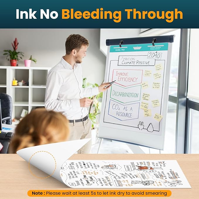 OLenyer Sticky Easel Pad, 25 x 30 Inch, White, 30 Sheets/Pad, 6 Pads/Pack, Flip Chart Paper for Teachers,Large Self-Stick Easel Paper, Super Sticking Power & Bleed-Resistant