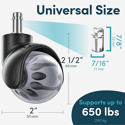 Lifelong Office Chair Wheels Replacement - 2 Inch Heavy Duty Rolling Chair Casters, Safe for All Floor and Carpet, Set of 5, Rubber Desk Chairs Wheels Universal Fit